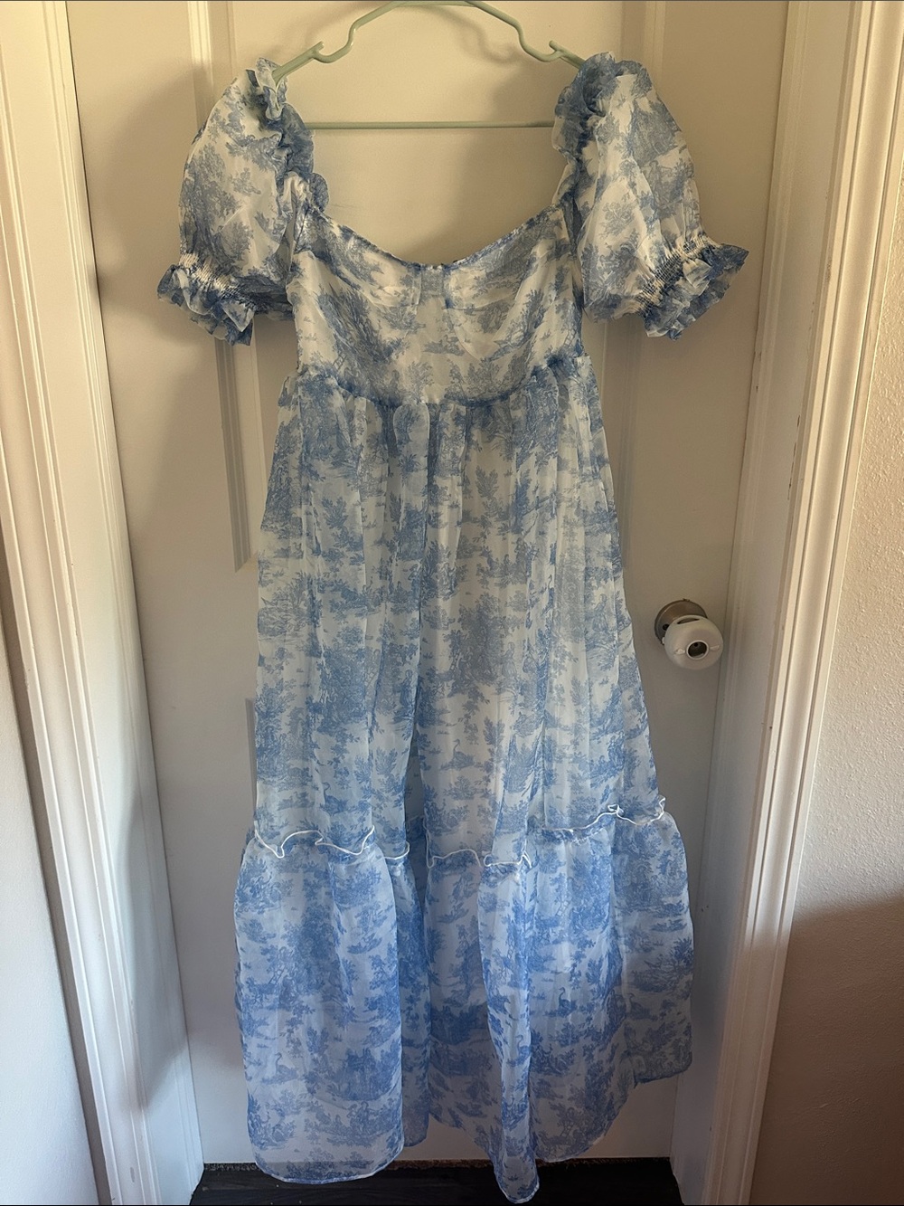 Blue Floral Puff-Sleeve Midi Toile Dress by Nothing Fits But